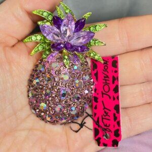 Betsey Johnson Pineapple Brooch Rhinestone Purple Statement Pin 2.75”